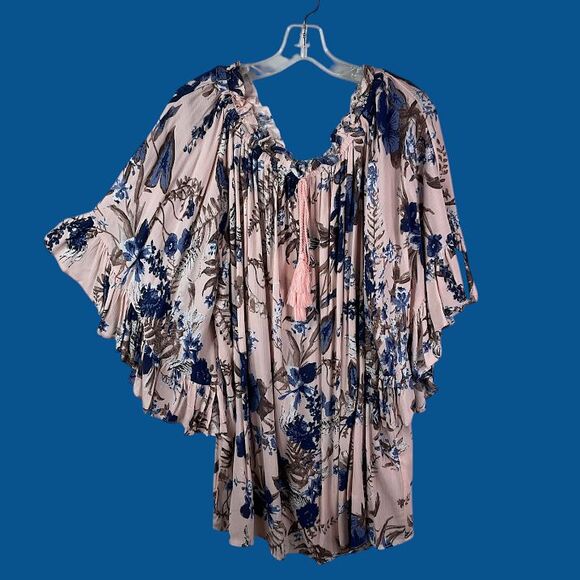 Umgee Floral Bell Flounce Sleeve Tunic Blouse Ruffle Tassel Tie Neck Boho L NWT - Picture 10 of 10